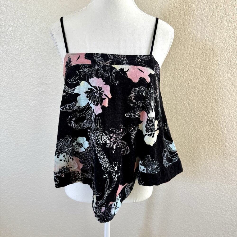 Free People Get Your Love Tank Top Med Floral Hibiscus Handkerchief Blouse Black